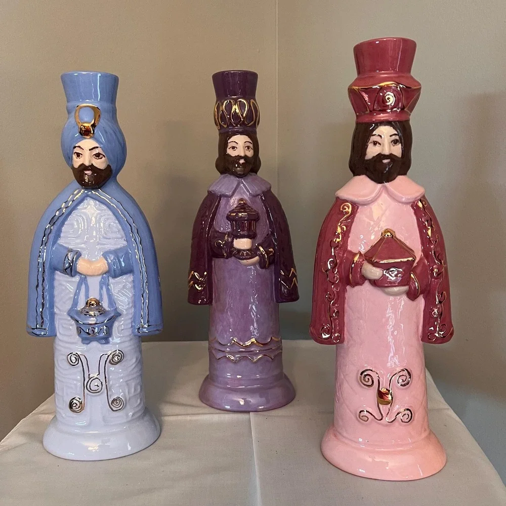 Vintage Ceramic Three Wise Men Nativity Set 3 Pastel Christmas Magi 12" - Picture 9 of 10